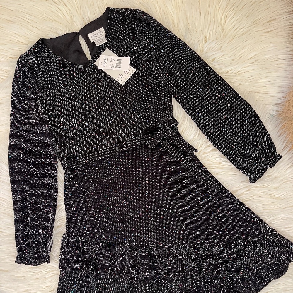 BLUSH by US Angels "Faux Wrapknit dress in Black Sparkle" NWT